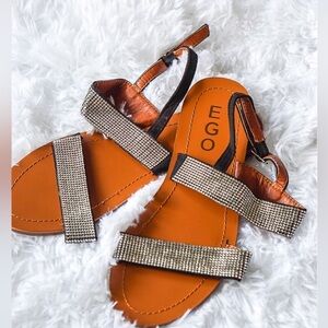 EGO Size 7 Tan Rhinestone Strappy Flat Sandals - Stylish & Comfortable